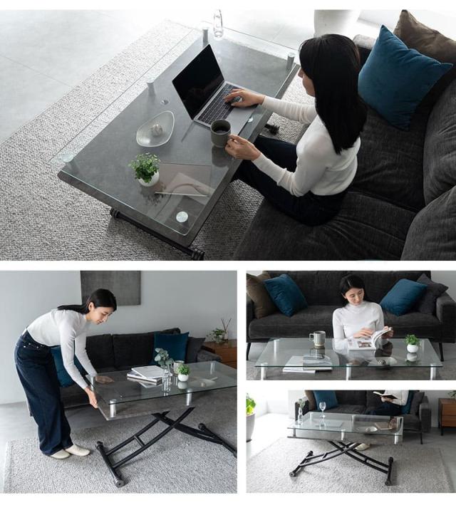 昇降テーブル 幅120cm ガス圧昇降式 収納付き キャスター付き 大理石調 食事 仕事 Grato