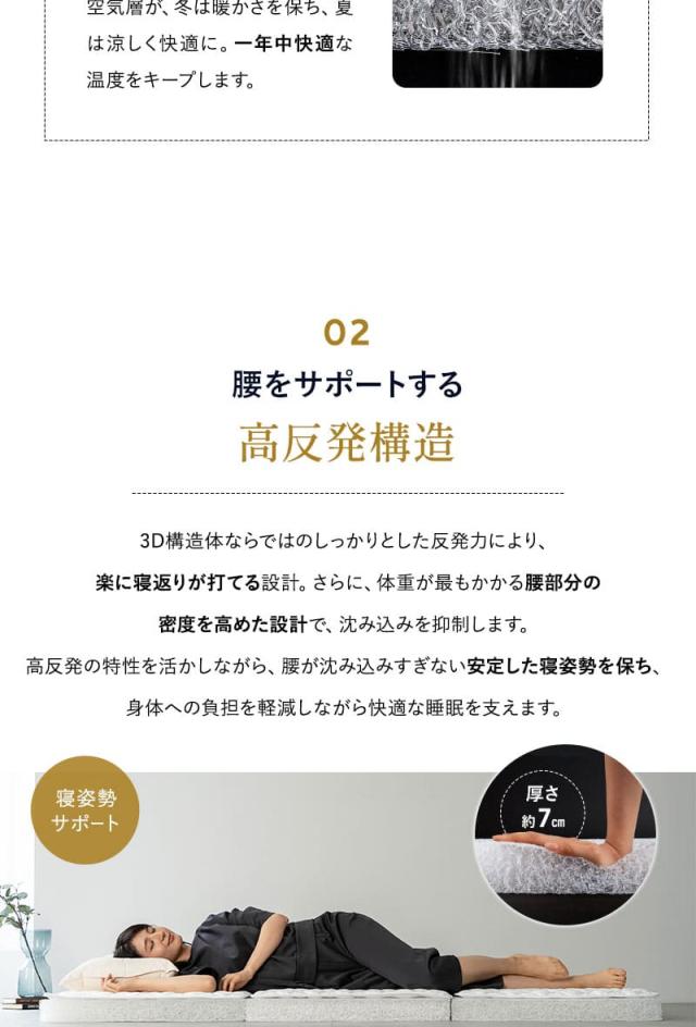 3D構造体 三つ折りマットレス プレミアム シングル ファイバー 丸洗い ベッドパッド内蔵 3D-MAT-PREMIUM