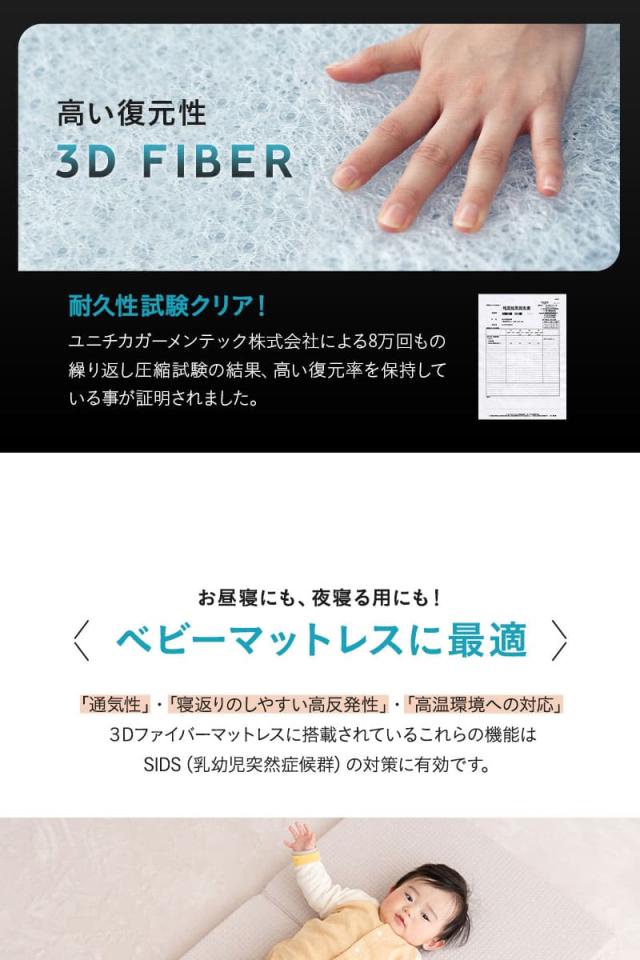 マットレス ベビー ミニ 2つ折り 折りたたみ 通気性 低刺激 丸洗い 赤ちゃん 子供 3D Fiber