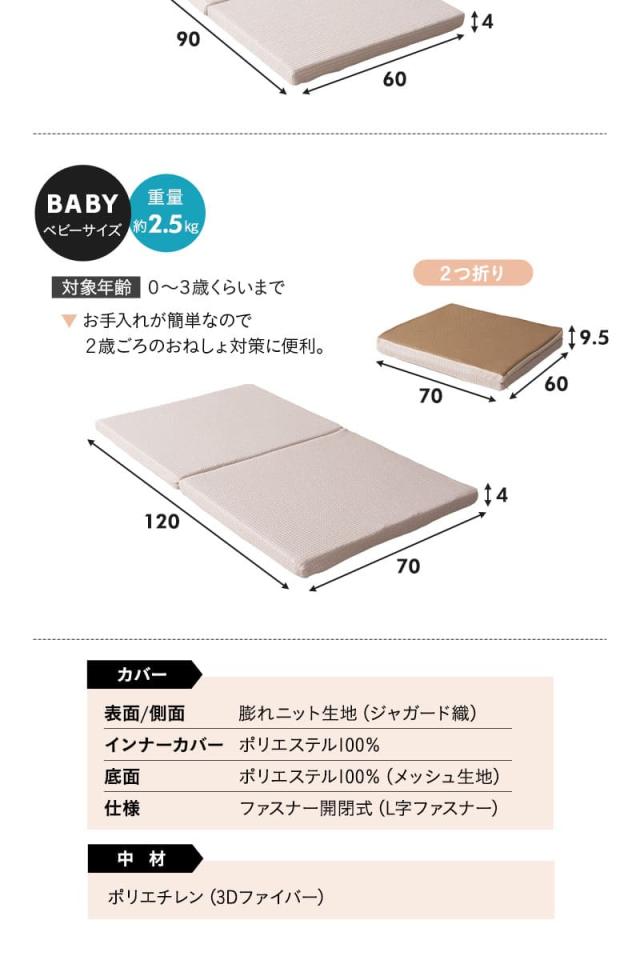 マットレス ベビー ミニ 2つ折り 折りたたみ 通気性 低刺激 丸洗い 赤ちゃん 子供 3D Fiber