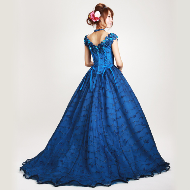 カラードレス レンタル 5号-9号 プリンセスライン ブルー お色直し