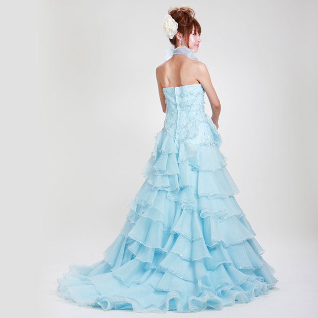 カラードレス レンタル 7号-9号 Aライン 水色 お色直し 披露宴 7313