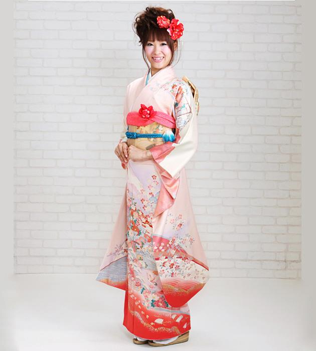 成人式 1月使用 振袖 レンタル 薄ピンク色 御所車飛鶴四季花 NT-113