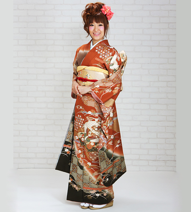 成人式 1月使用 振袖 レンタル オレンジ・薄茶色 鶴・扇面・四季花 NT-122-sei 送料無料 furisode-656-2.jpg