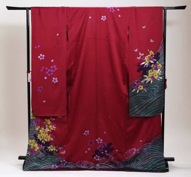 成人式 1月使用 振袖 レンタル 赤色 流水に巻物花 NT-222-sei 送料無料