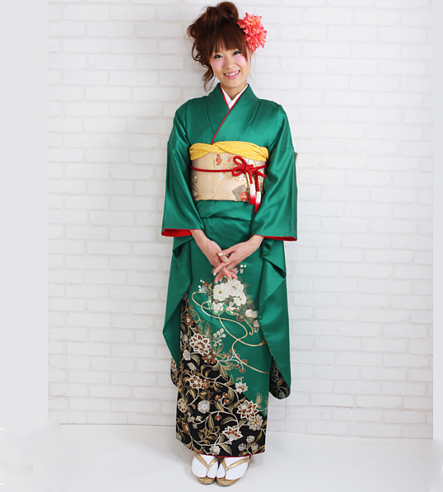 振袖 2月〜12月使用 振袖 レンタル グリーン色 花車付下げ風 NT-216 送料無料 成人式 1月使用 振袖 レンタル グリーン色 花車付下げ風 NT-216-sei