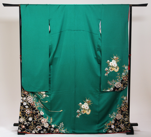 振袖 2月〜12月使用 振袖 レンタル グリーン色 花車付下げ風 NT-216 送料無料 成人式 1月使用 振袖 レンタル グリーン色 花車付下げ風 NT-216-sei