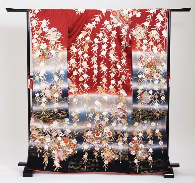 成人式 1月使用 振袖 レンタル レンガ・黒色 しだれ桜に手まり NT-131