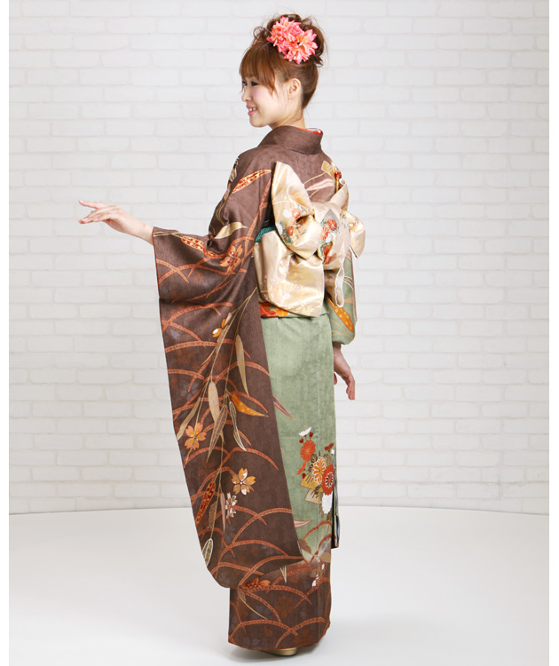 振袖 2月〜12月使用 振袖 レンタル 緑・茶色 色どり笹に花いかだ NT-168 送料無料 成人式 1月使用 振袖 レンタル 緑・茶色 色どり笹に花いかだ NT-168