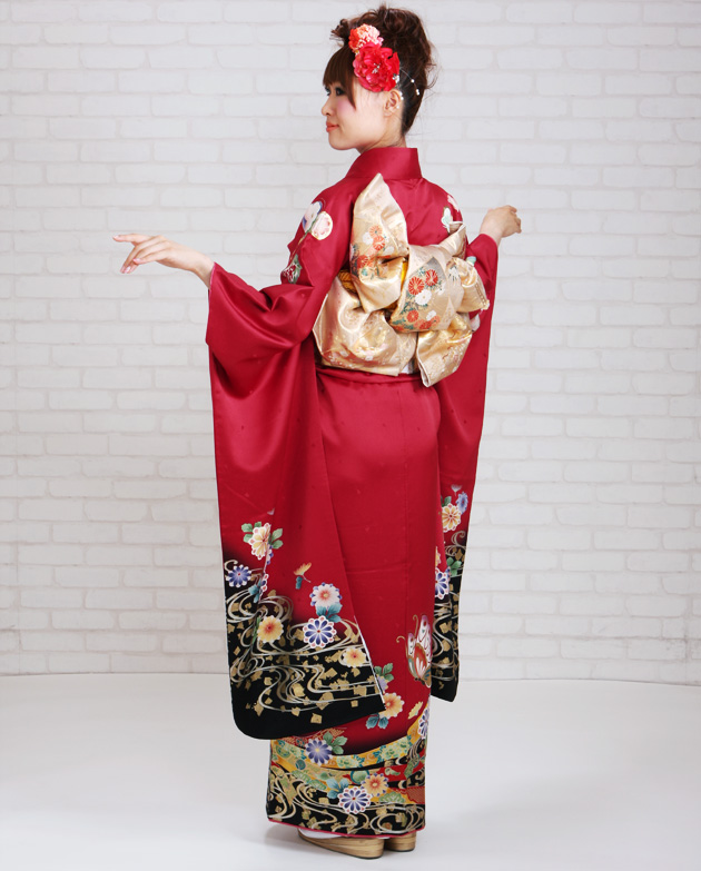 成人式 1月使用 振袖 レンタル 赤色 蝶に菊 NT-197-sei 送料無料の通販