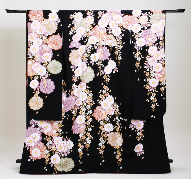 成人式 1月使用 振袖 レンタル 黒色 しだれ桜大輪花 NT-228-sei 送料