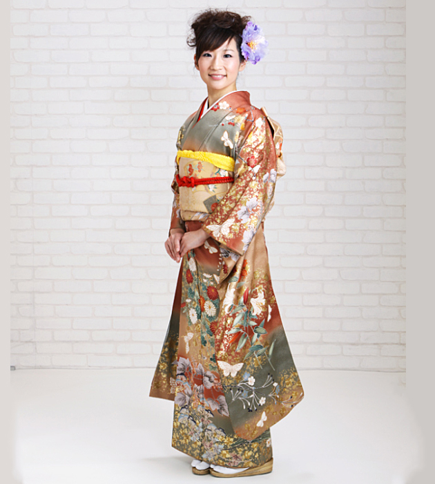 成人式 1月使用 振袖 レンタル 薄緑・からし色 金箔蝶四季花 NT-173-sei 送料無料 成人式 1月使用 振袖 レンタル 薄緑・からし色 金箔蝶四季花 NT-173