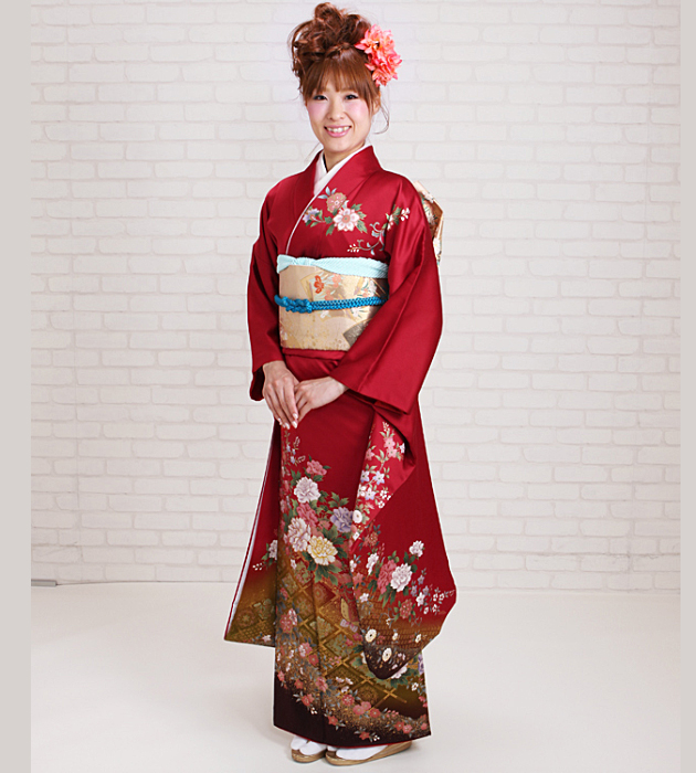 振袖 2月〜12月使用 振袖 レンタル 赤色 四季花・菱形・蝶 NT-221 送料