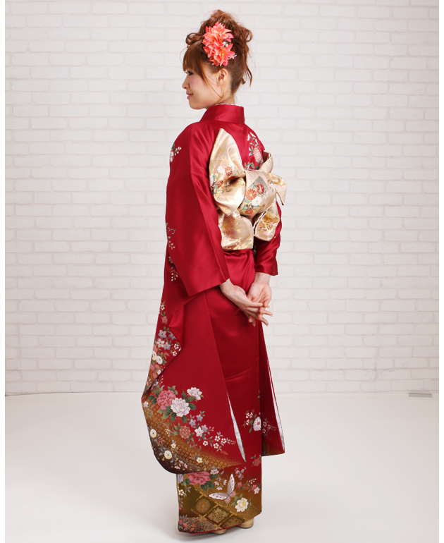 成人式 1月使用 振袖 レンタル 赤色 四季花・菱形・蝶 NT-221-sei 送料