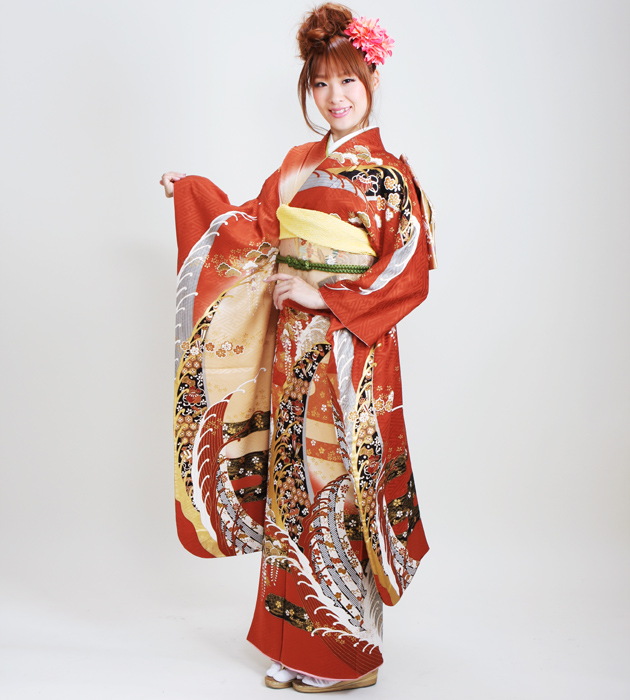 振袖 2月〜12月使用 振袖 レンタル オレンジ・ゴールド・朱赤色 波に熨斗 NT-136 送料無料 振袖 2月〜12月使用 振袖 レンタル オレンジ・ゴールド・朱赤色 波に