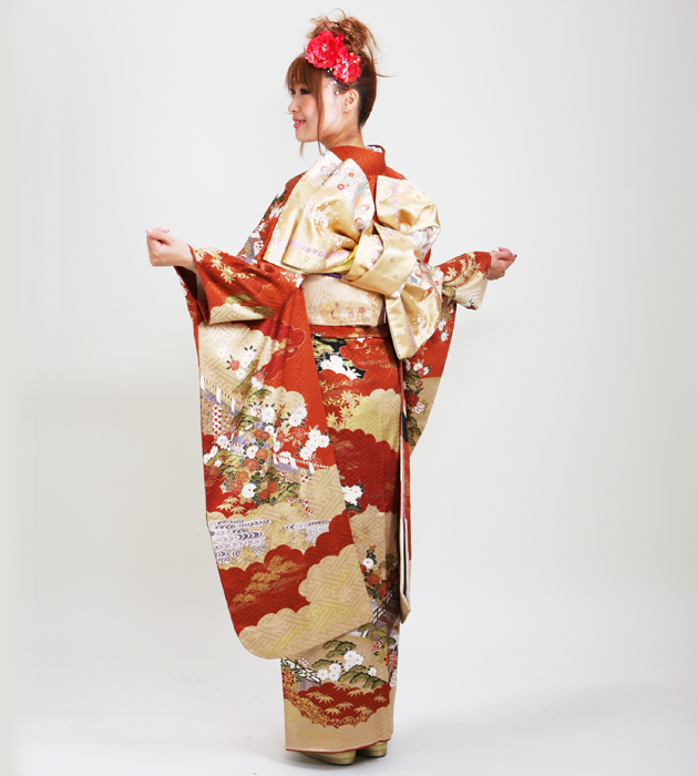 成人式 1月使用 振袖 レンタル オレンジ色 御所車 NT-192-sei 送料無料