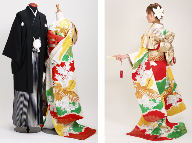 引き振袖レンタル 黄赤緑 色振袖 黒引き振袖 NT-15 花嫁 送料無料の