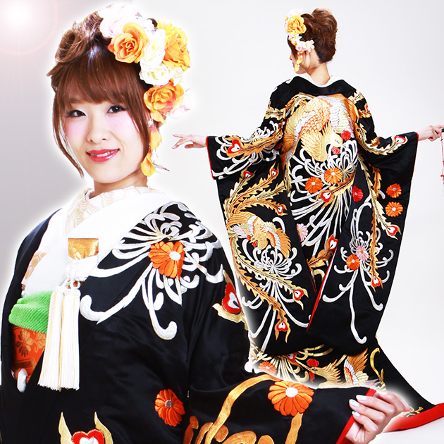 打掛 レンタル 色打掛 黒色 鳳凰に菊 黒 かっこいい NT-165 送料無料 165_2.jpg