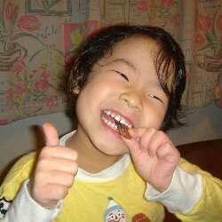 丸干しいかを食べるぱんち姫。咀嚼は歯やあごの発育に大変重要です。