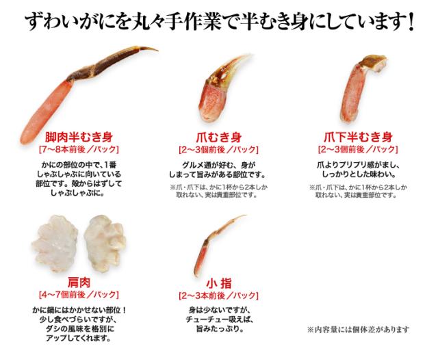 ずわいがにを丸々手むきしています！｜脚肉半むき身、爪むき身、爪下半むき身、肩肉、小指