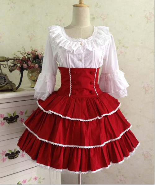 お茶会　ゴシック　2カラーブロック　 ロリィタブラウス　ピュアコットン　長袖　スタンドカラー | [cnstone] ロリータ ブラウス シャツ 姫袖 夏 半袖 ホワイト