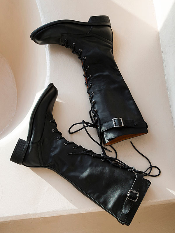 ロングブーツ ラウンドトゥ レディースブーツ パピーヒール ブラック  牛革 シューズ 3.5cm バックル 無地 レースアップ