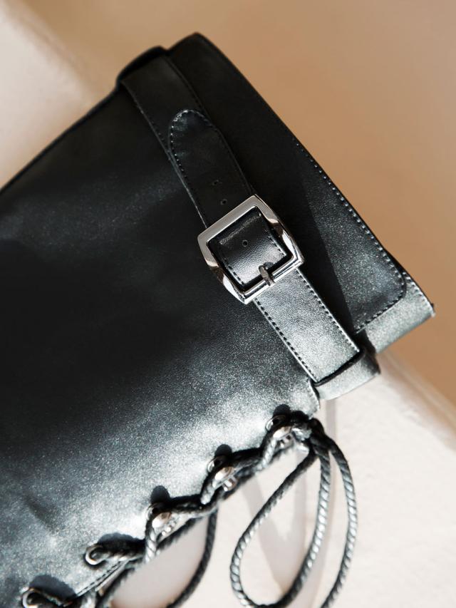 ロングブーツ ラウンドトゥ レディースブーツ パピーヒール ブラック  牛革 シューズ 3.5cm バックル 無地 レースアップ