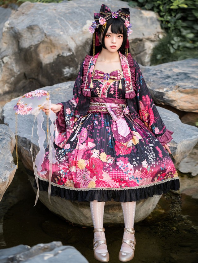 和風Lolita Costumesロリータドレスポリエステル弓花柄プリントキモノ