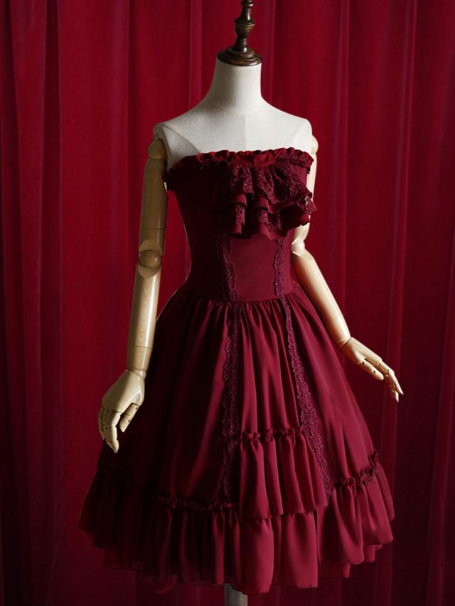 コルセット　シャーリング　レトロ　コットン　パーティー　ワインレッド 25040589953W.jpg