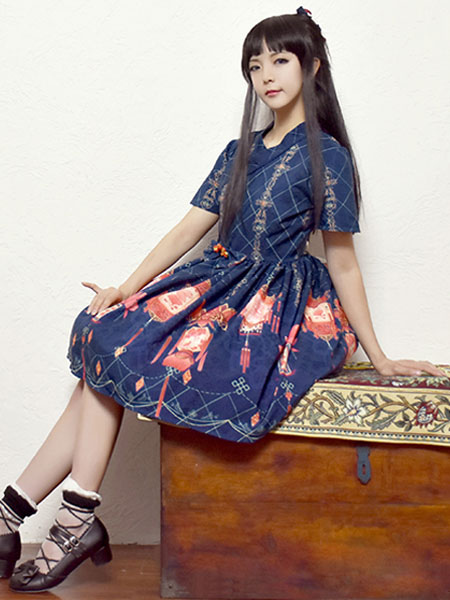 中華ロリータ　ロリィタドレス　ロリータワンピース　OP　チャイナスタイル　クラシカル　クラロリ　半袖　夏　赤黄青三色　お茶会　イベ 中華ロリータ ロリィタドレス ロリータワンピース OP チャイナスタイル