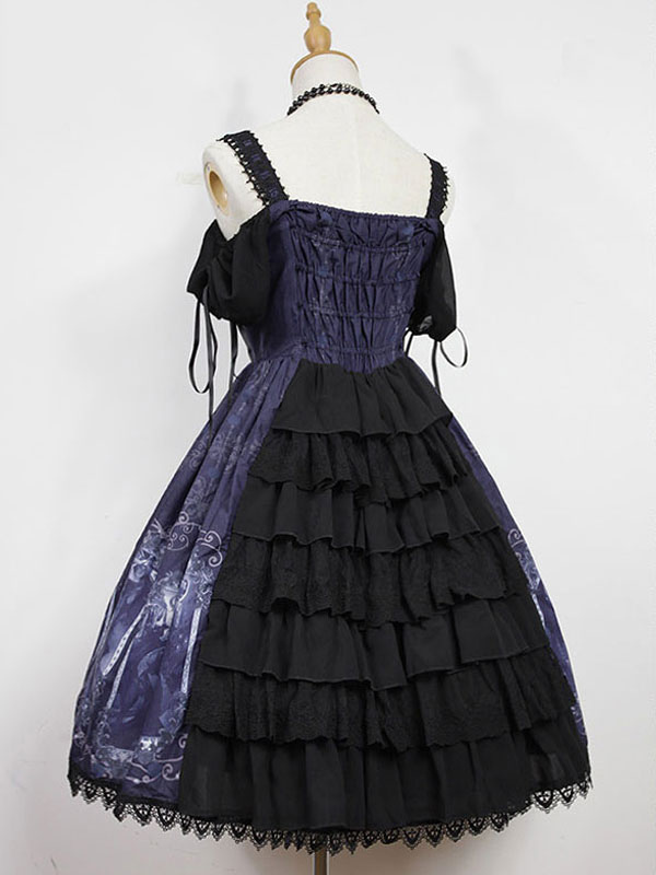 ロリィタドレス ロココ調 スクエアネック ポリエステル プリント柄