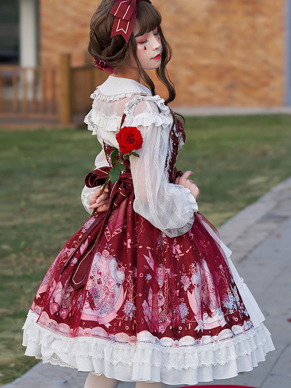古典的なロリータJSKドレスネバーランドフリルボウレースパール