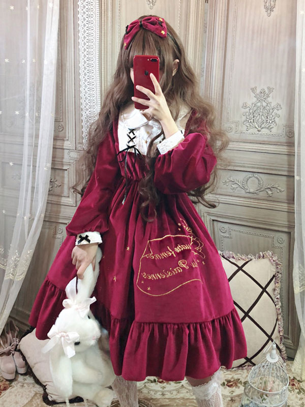 格安 ゴスロリワンピース Opドレス ボタン 全３色 フリル 童話モチーフ プリント星柄 長袖 ロリータワンピースドレス Saleアイテム Carlavista Com