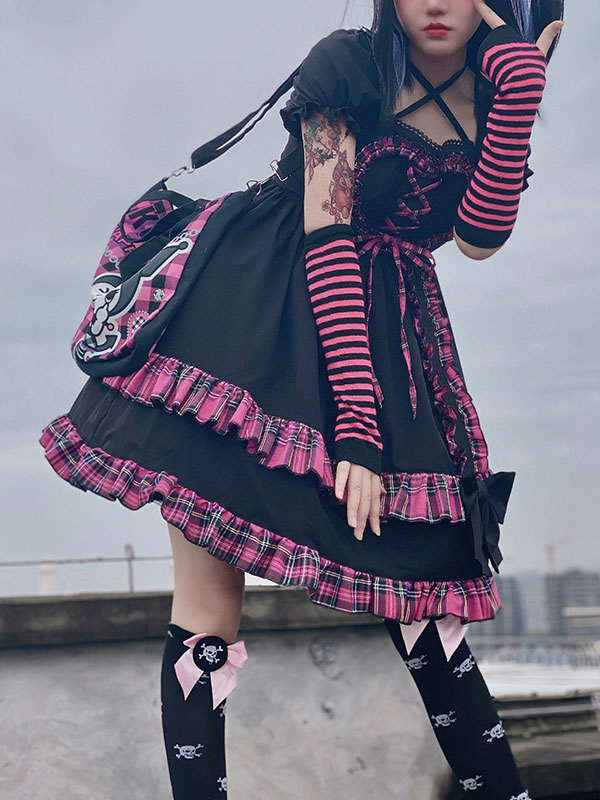 パンクゴシック原宿ブラックロリータOPワンピースチェック柄ブラック