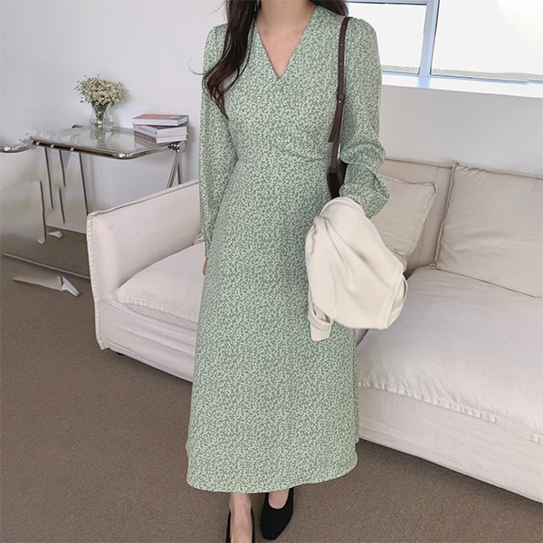 春夏新作 韓国風レディース服 長袖花柄ワンピース ロング丈