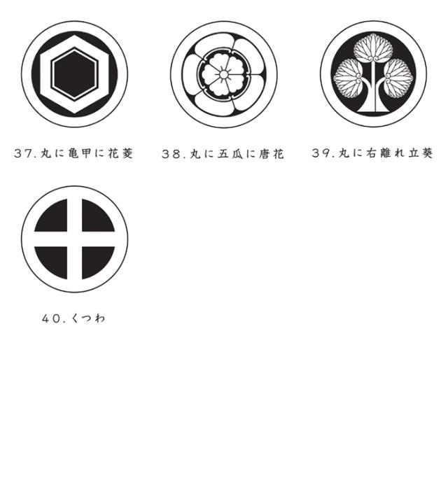亀甲に花菱 五瓜に唐花 右離れ立葵 くつわ 梶の葉 松皮菱 丸に鶴の丸 六つ丁字 抱柊