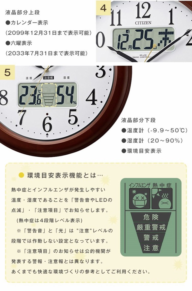 壁掛け時計 電波時計 シチズン 高精度温湿度計付き カレンダー表示