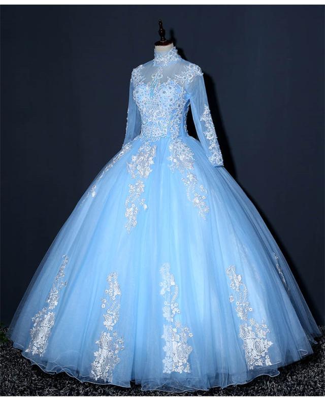 豪華 復古調 青 ウェディングドレス パーティドレス ロングドレス ワンピ Ａライン 長袖 パニエ付 結婚式 発表会 オーダーサイズ可 D066 豪華 復古調 青 ウェディングドレス パーティドレス ロングドレス