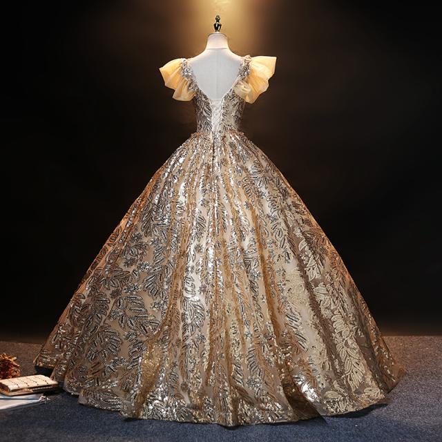 華麗 カラードレス パーティドレス ロングドレス ワンピ パニエ付 金色