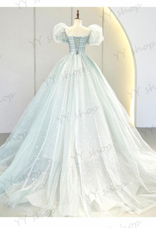 超可愛い プリンセス カラードレス ロングドレス パーティドレス チュールスカート トレーン パフスリーブ 二次会 発表会 舞台 撮影 D092 超可愛い プリンセス カラードレス ロングドレス パーティドレス