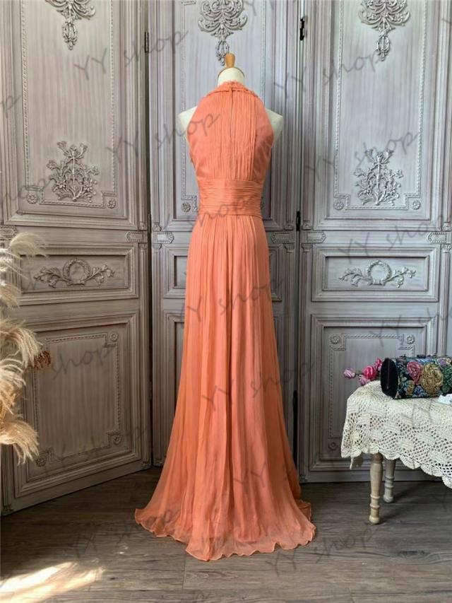 シルク100% ロングドレス パーティドレス ワンピ 普段着 Aライン ホルターネック silk XS~4XL オレンジ 緑 二次会 発表会 演奏会 D154 d154-d.jpg