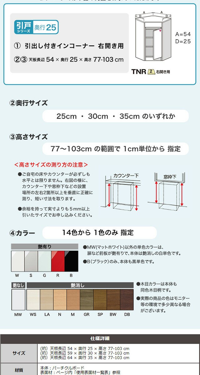 キャビネット キッチンカウンター 右開き 奥行25cm 【扉シリーズ】セミ