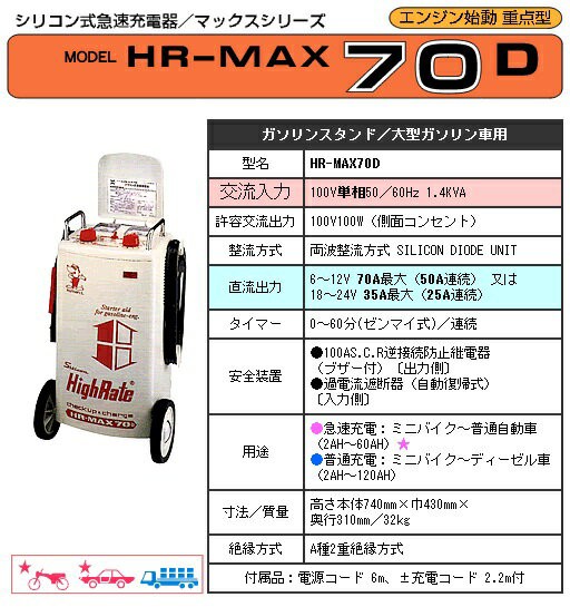 デンゲン充電器 HR-MAX70D シリコン式急速充電器 エンジン始動重点型の