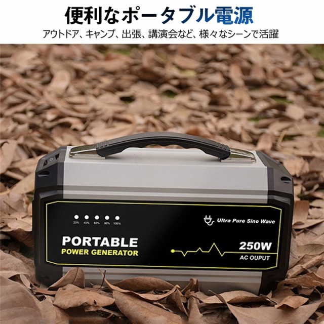 ポータブル電源 大容量 67500mAh/250Wh 家庭用蓄電池 純正弦波 AC/DC/USB出力 電量表示 ソーラー充電 ポータブル