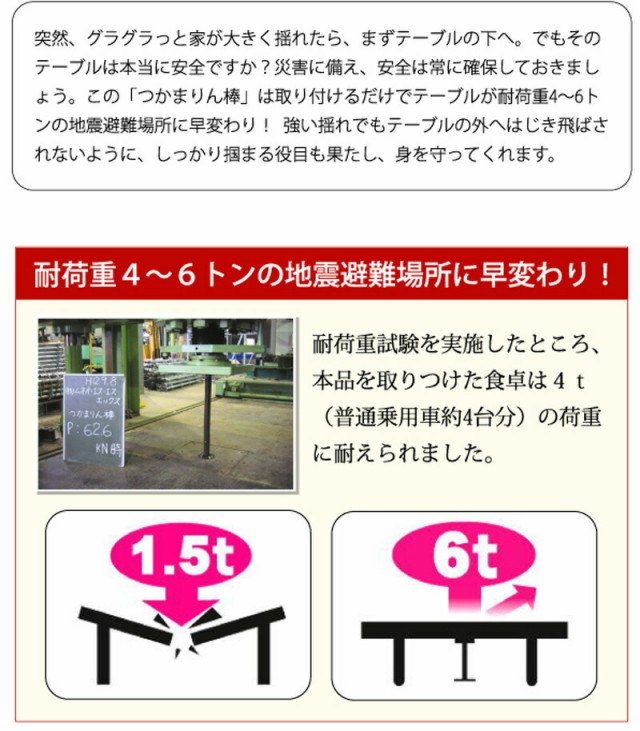 地震対策 つかまりん棒 シェルター テーブル耐震補強 地震 耐震 防災グッズ つかまりんぼう 日本製 耐震補強 テーブル用 補強鉄柱 耐震シの通販はau  PAY マーケット - マツカメショッピング | au PAY マーケット－通販サイト