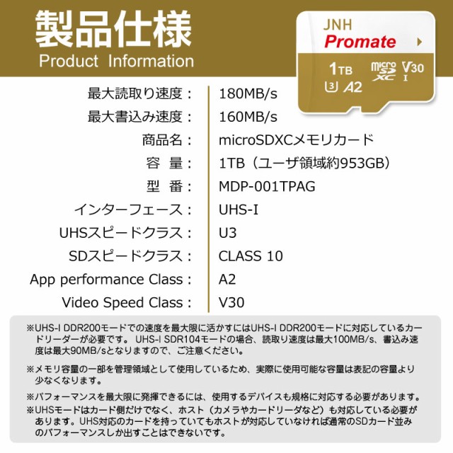 microSDXCカード 1TB R:180MB/s W:160MB/s UHS-I DDR200モード microSDXCカード 1TB R:180MB/s W:160MB/s UHS-I DDR200モード