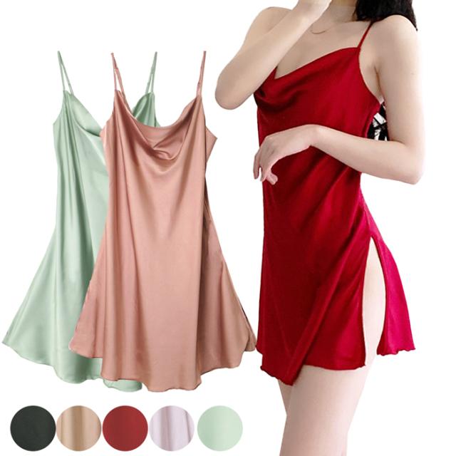 艶めくサテン セクシーなスリット入りシンプルスリップ