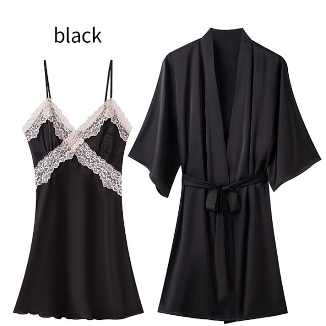 艶めくサテンのセクシーランジェリースリップ＆ガウンセット