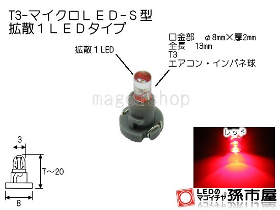 T3 led マイクロLED S型 1LED 赤 レッド 【T3】 拡散1LEDタイプ 【メーター球】 エアコンパネル インパネ シフト  【孫市屋】○(LCS6-R)の通販はau PAY マーケット - LEDのマゴイチヤ | au PAY マーケット－通販サイト