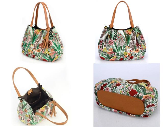 【メートス】植物花柄のおしゃれなバッグ タッセルチャーム付